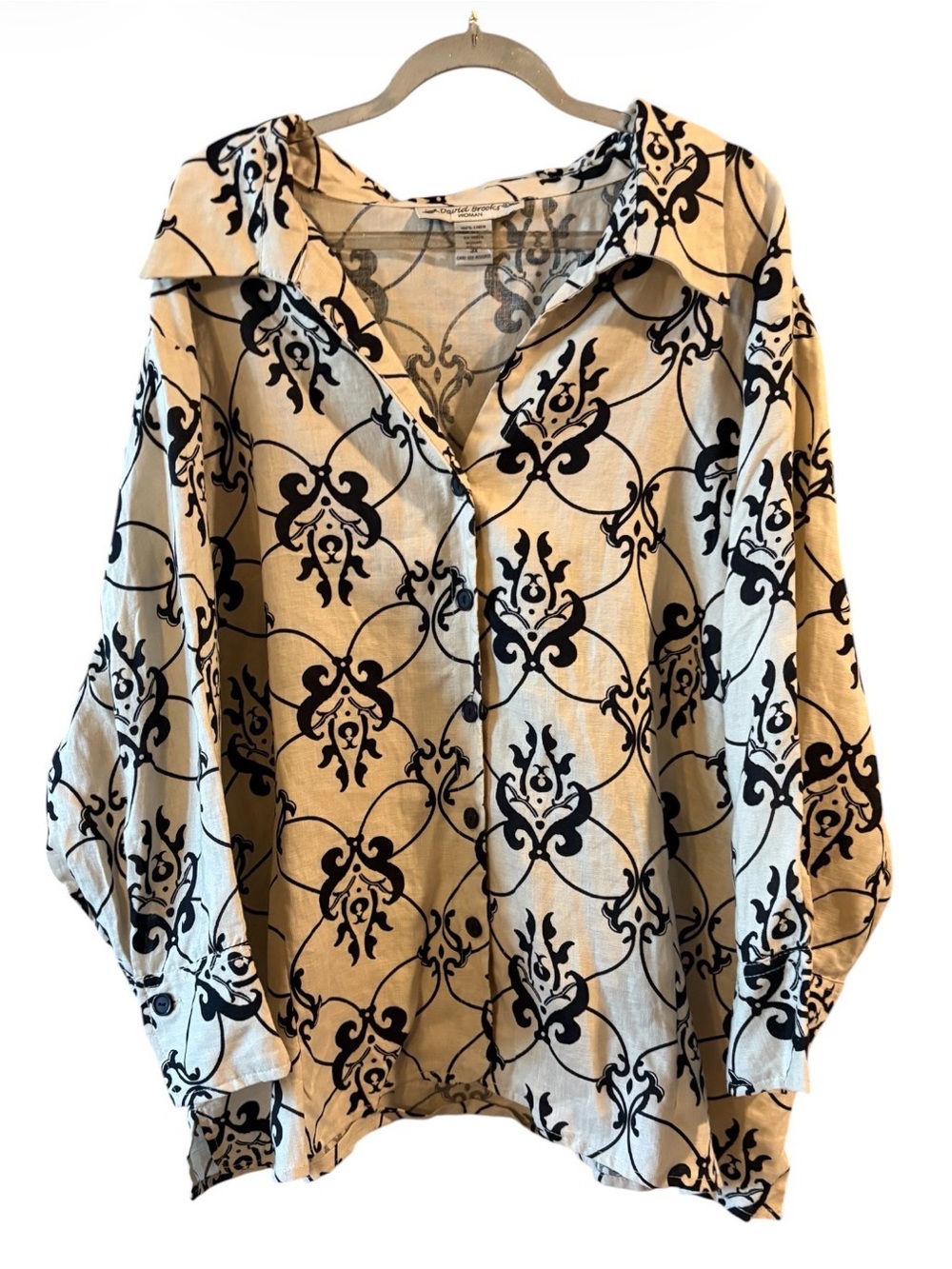 David Brooks 3X 100% Linen Button Down Shirt Black Ivory Print